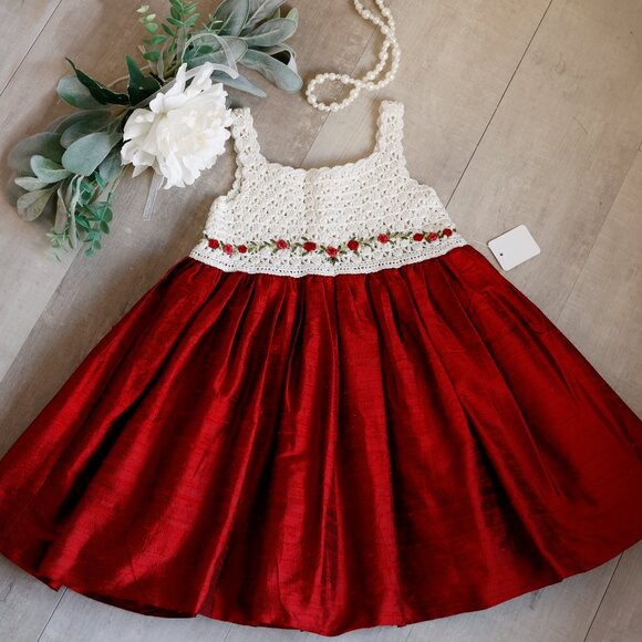 GORGEOUS Red Dupioni Silk Dress 100% Crocheted Top Special Occasion LIKE NEW - Picture 1 of 6